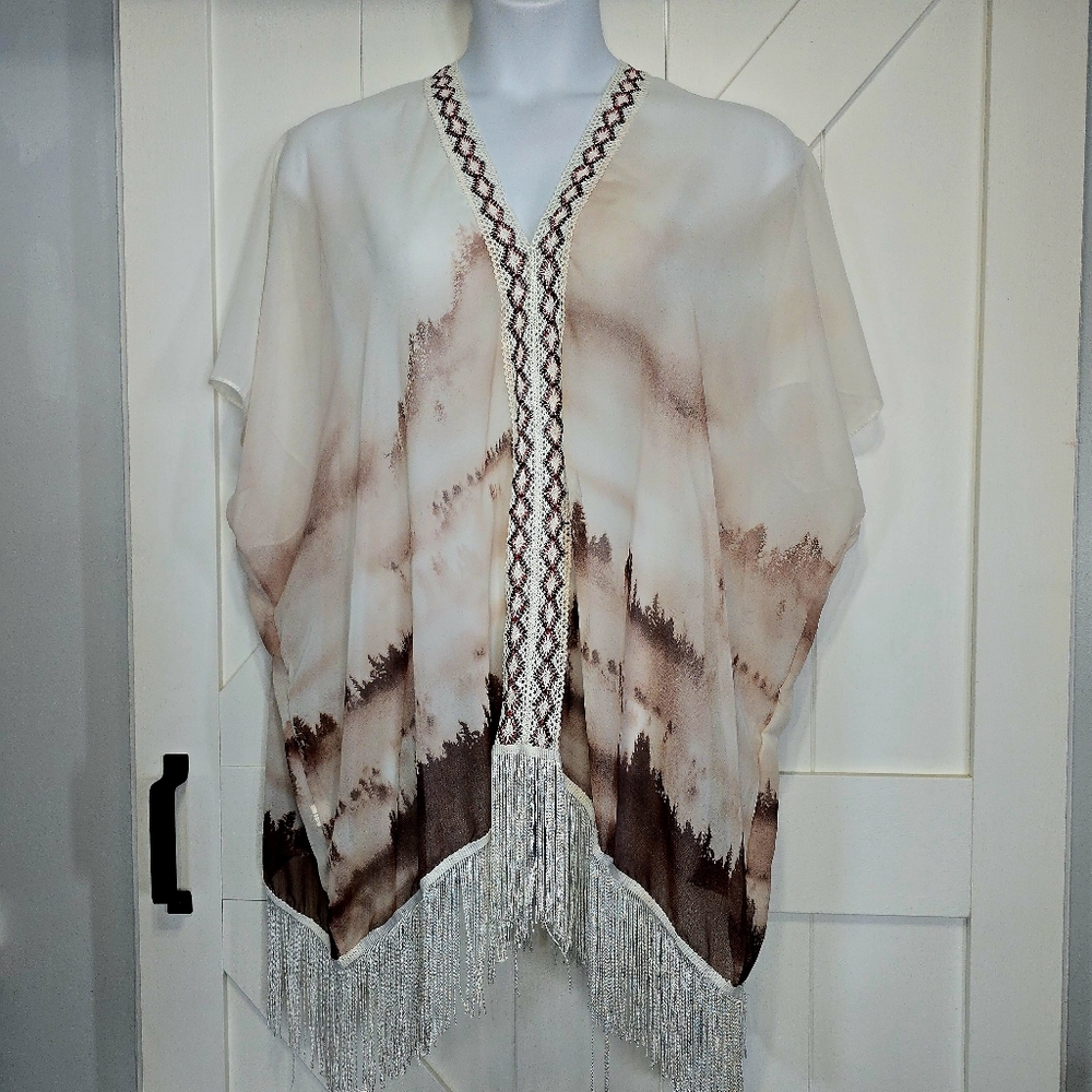 Elegant Beige and Brown Women's Top with Fringe & Mountains Size Small Medium